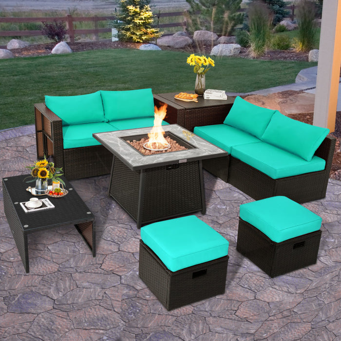 9 Pieces Patio PE Wicker Sectional Set with 50000 BTU Fire Pit Table