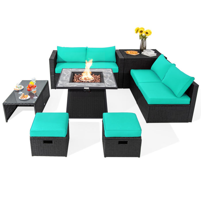 9 Pieces Outdoor Wicker Sectional with 35 Inch Gas Fire Pit Table