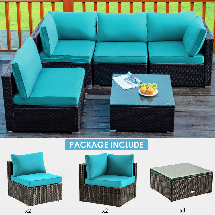 5 Pieces Cushioned Patio Rattan Furniture Set with Glass Table