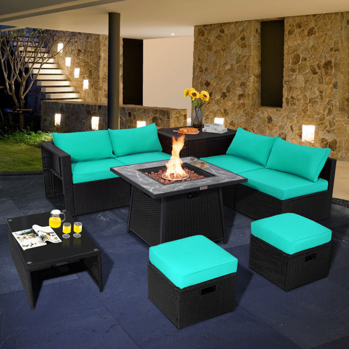 9 Pieces Outdoor Wicker Sectional with 35 Inch Gas Fire Pit Table