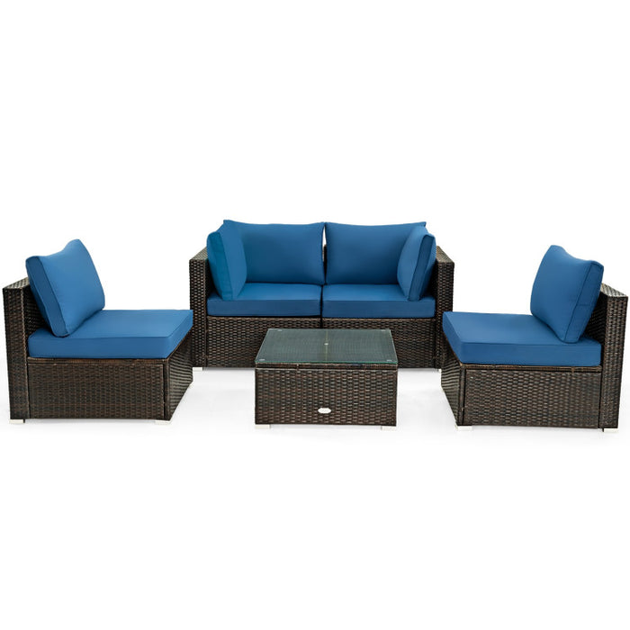 5 Pieces Cushioned Patio Rattan Furniture Set with Glass Table