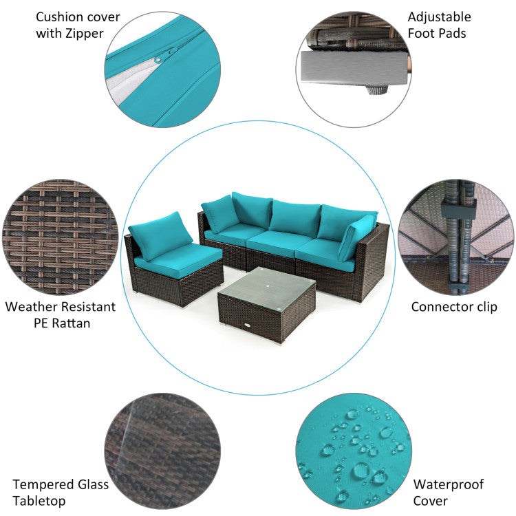 5 Pieces Cushioned Patio Rattan Furniture Set with Glass Table