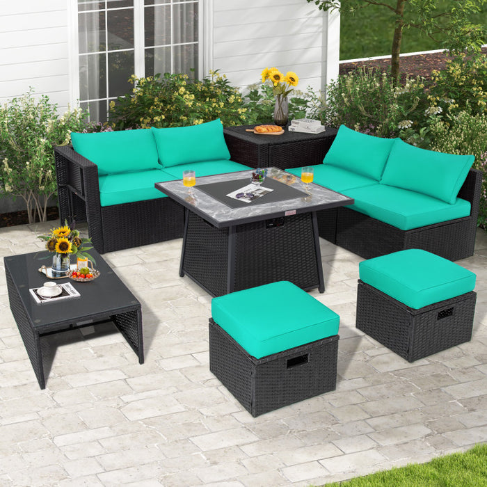 9 Pieces Outdoor Wicker Sectional with 35 Inch Gas Fire Pit Table