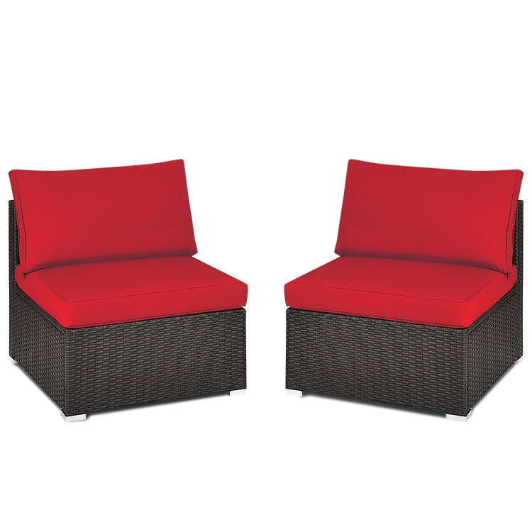 2 Pieces Patio Rattan Armless Sofa Set with 2 Cushions and 2 Pillows