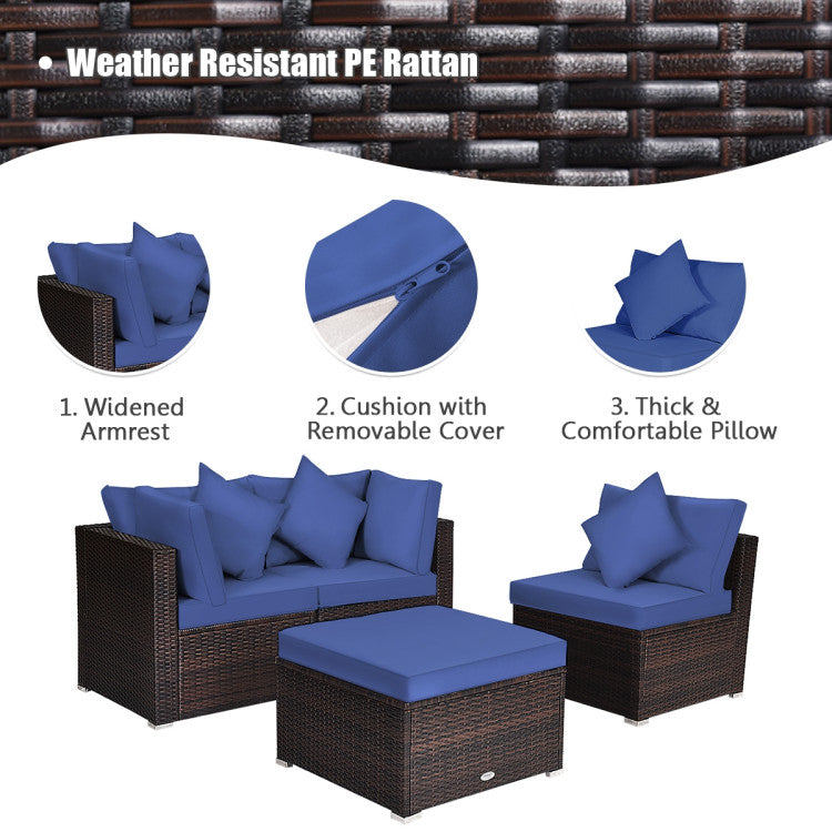4 Pieces Patio Rattan Furniture Set with Removable Cushions and Pillows