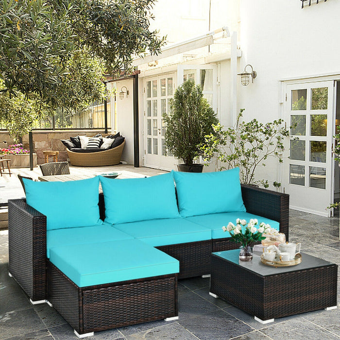 5 Pieces Patio Rattan Sectional Furniture Set with Cushions and Coffee Table