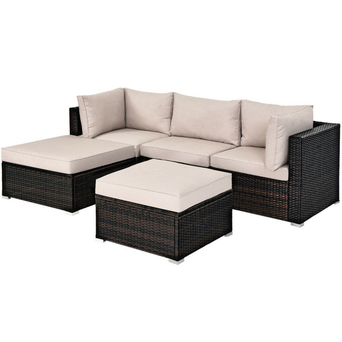 5 Pieces Patio Sectional Rattan Furniture Set with Ottoman Table