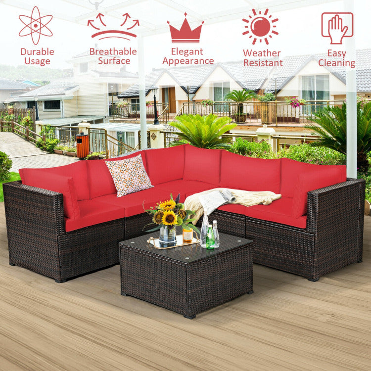 6 Pieces Rattan Patio Sectional Sofa Set with Cushions for 4-5 Person