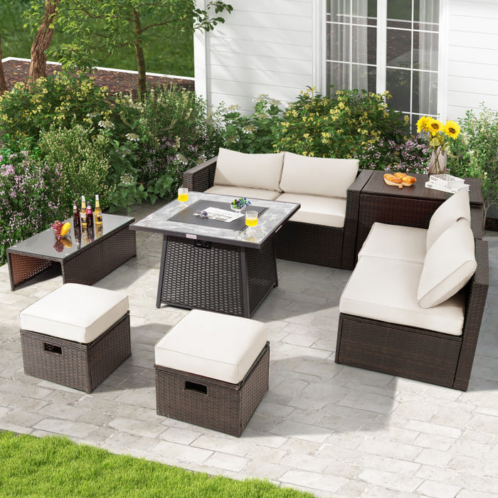 9 Pieces Patio PE Wicker Sectional Set with 50000 BTU Fire Pit Table