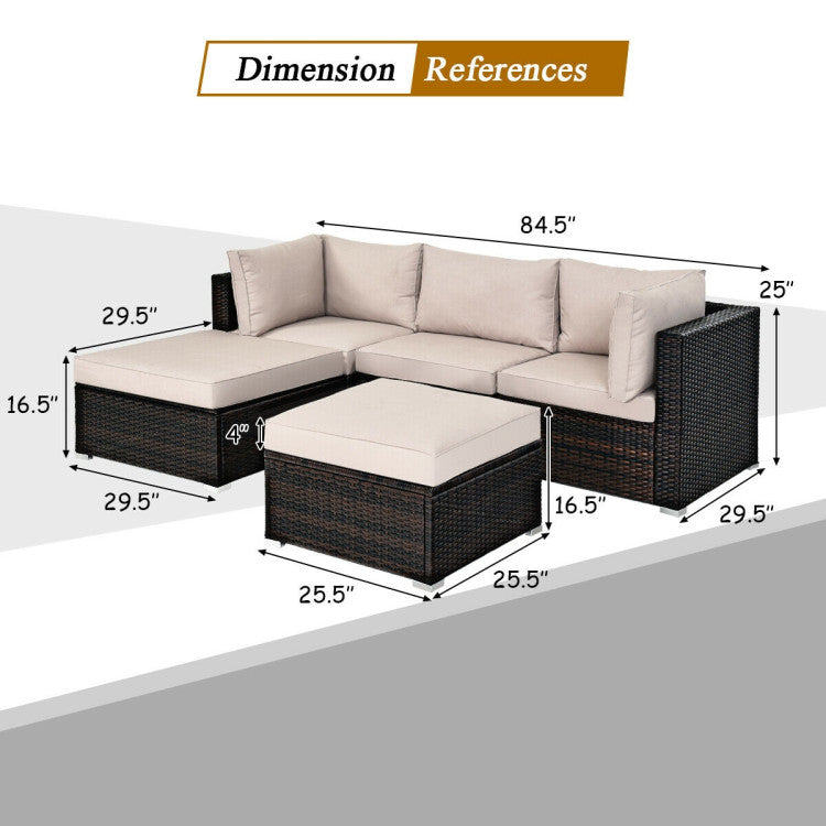 5 Pieces Patio Sectional Rattan Furniture Set with Ottoman Table