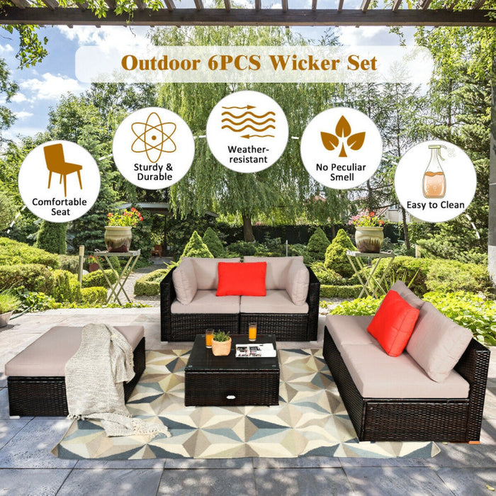 6 Pieces Outdoor Patio Rattan Sectional Sofa Set with Coffee Table