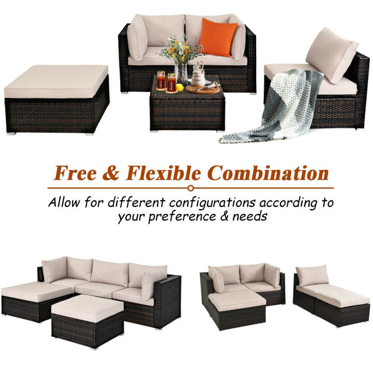 5 Pieces Patio Sectional Rattan Furniture Set with Ottoman Table