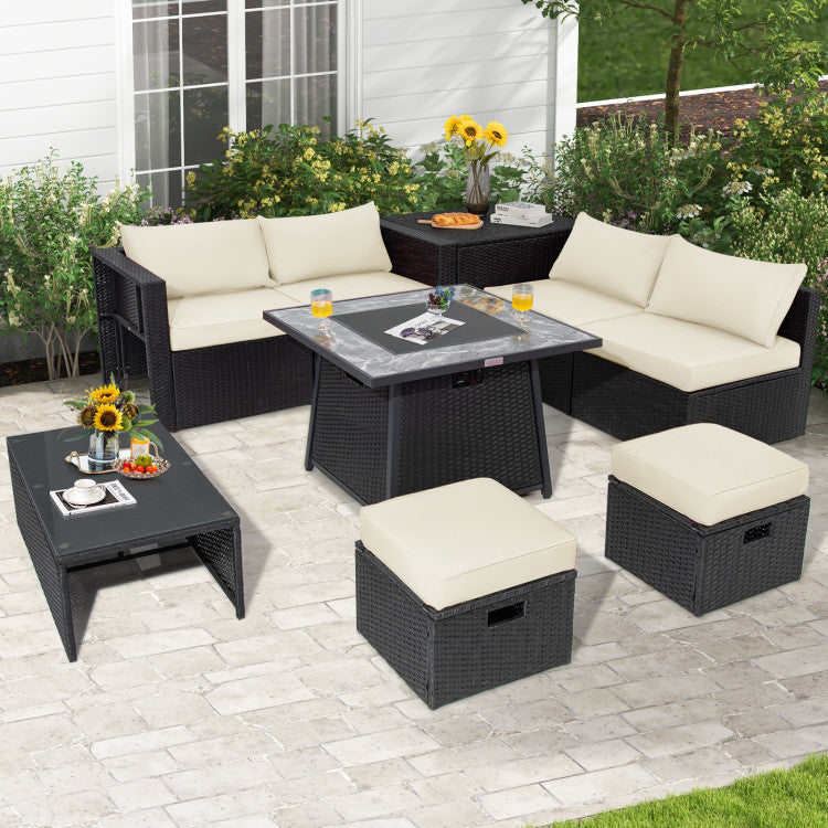 9 Pieces Outdoor Wicker Sectional with 35 Inch Gas Fire Pit Table