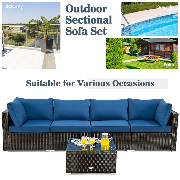 5 Pieces Cushioned Patio Rattan Furniture Set with Glass Table
