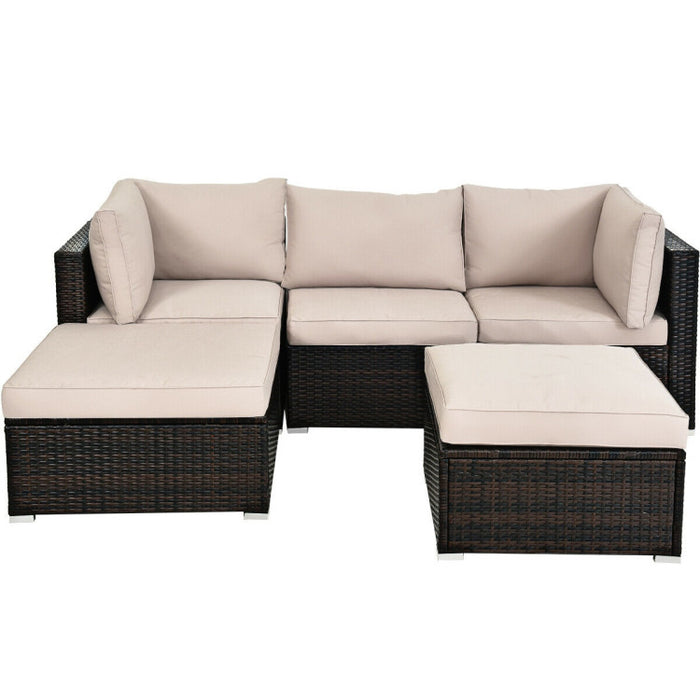 5 Pieces Patio Sectional Rattan Furniture Set with Ottoman Table