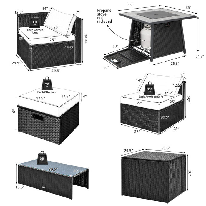 9 Pieces Outdoor Wicker Sectional with 35 Inch Gas Fire Pit Table