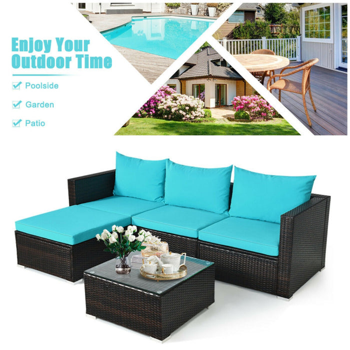 5 Pieces Patio Rattan Sectional Furniture Set with Cushions and Coffee Table