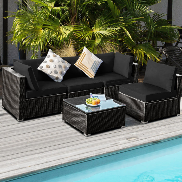 5 Pieces Cushioned Patio Rattan Furniture Set with Glass Table