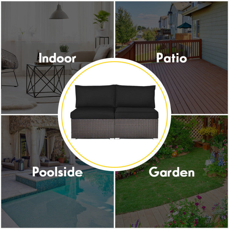 2 Pieces Patio Rattan Armless Sofa Set with 2 Cushions and 2 Pillows