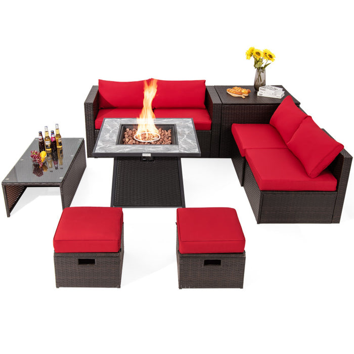 9 Pieces Patio PE Wicker Sectional Set with 50000 BTU Fire Pit Table