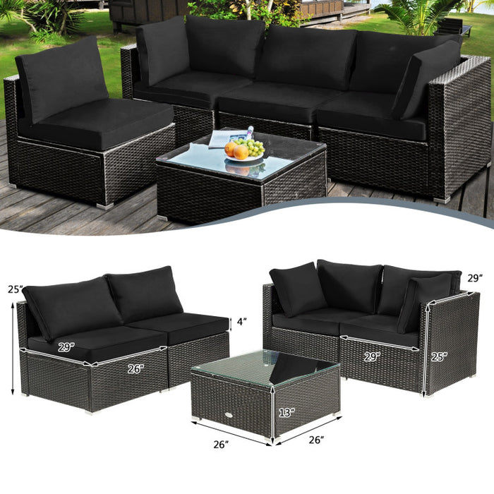 5 Pieces Cushioned Patio Rattan Furniture Set with Glass Table