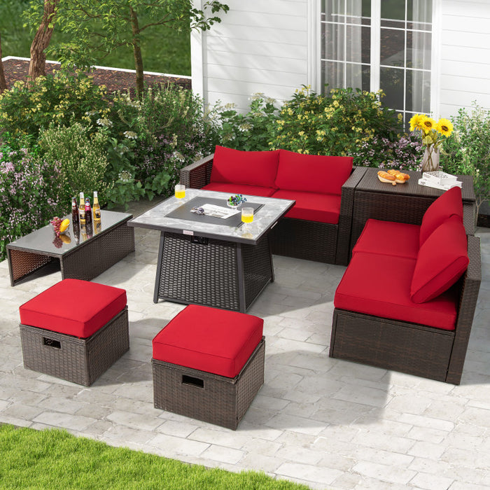 9 Pieces Patio PE Wicker Sectional Set with 50000 BTU Fire Pit Table