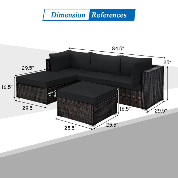 5 Pieces Patio Sectional Rattan Furniture Set with Ottoman Table