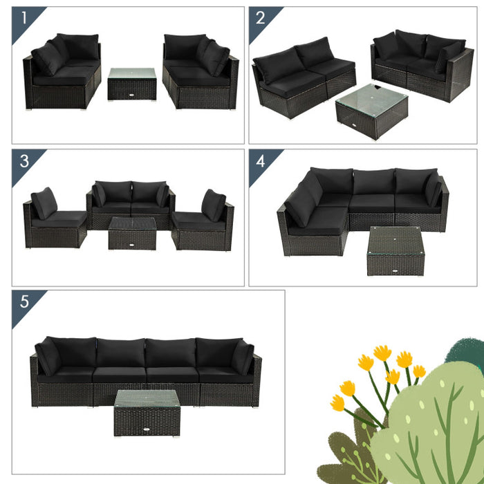 5 Pieces Cushioned Patio Rattan Furniture Set with Glass Table