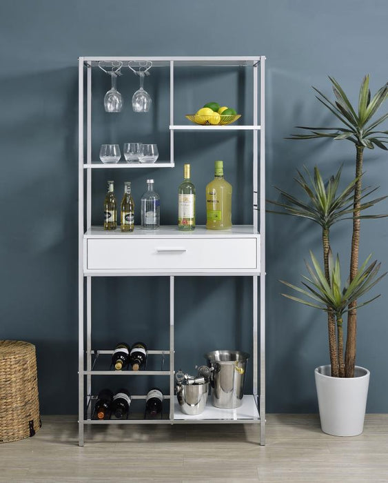 Figueroa 5-shelf Wine Cabinet with Storage Drawer White High Gloss and Chrome