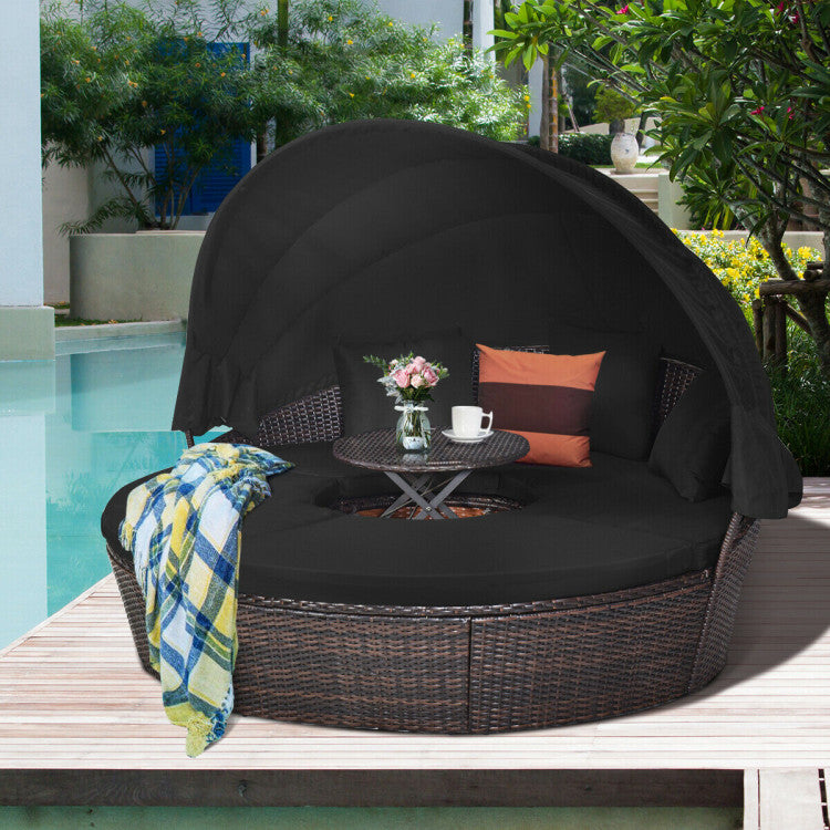 Outdoor Round Wicker Daybed with Retractable Canopy and Height Adjustable Coffee Table