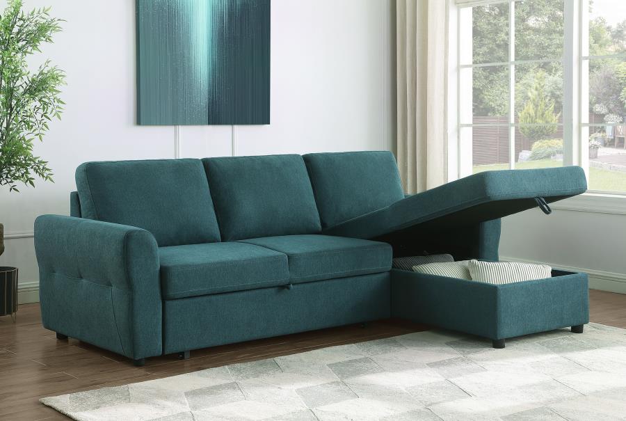 Samantha Upholstered Sleeper Sofa Sectional with Storage Chaise Teal Blue