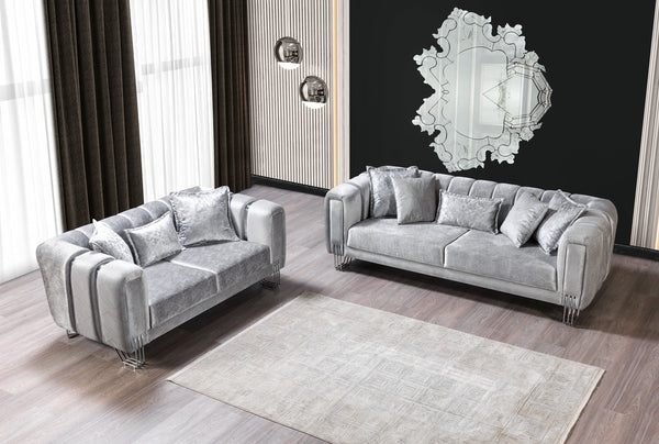 Santana Silver Velvet Sofa & Loveseat