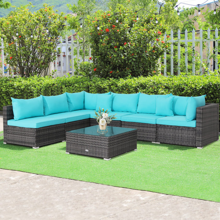 7 Pieces Patio Rattan Furniture Set with Sectional Sofa Cushioned