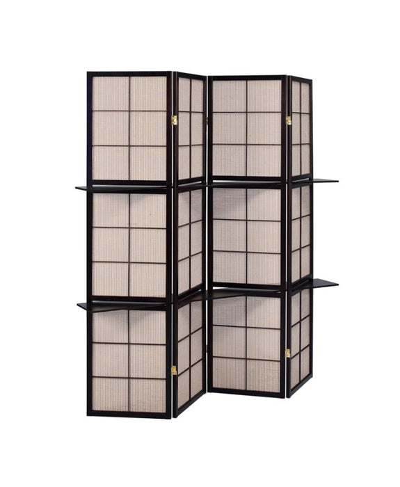 Iggy 4-Panel Folding Screen With Removable Shelves Tan And Cappuccino