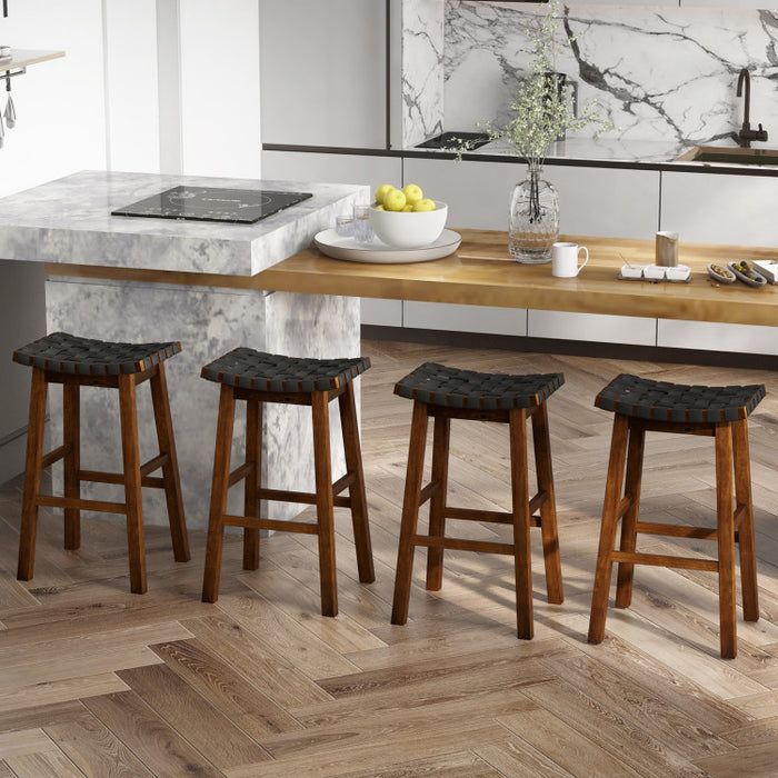 Faux PU Leather Bar Height Stools Set of 2 with Woven Curved Seat