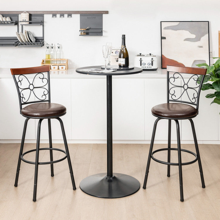 2 Pieces 24-30 Inch Adjustable PU Cushioned Swivel Barstools