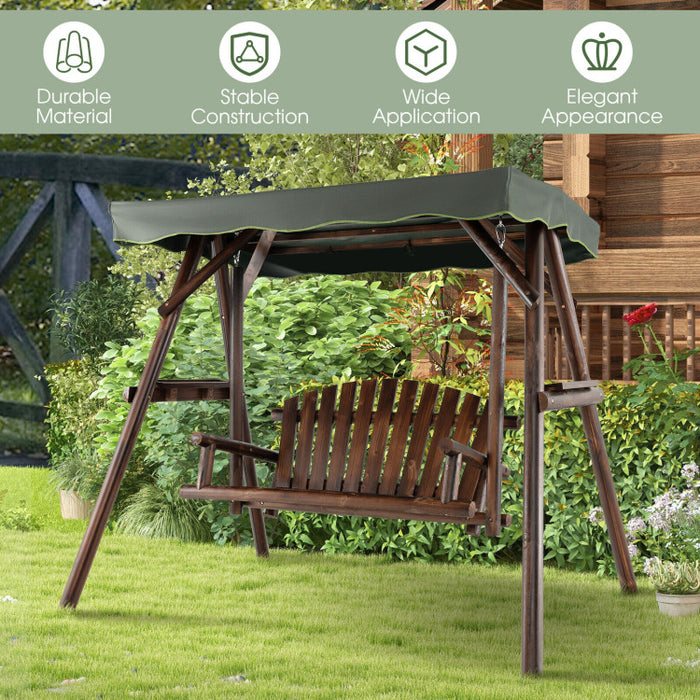 2-Person Outdoor Wooden Porch Swing with an Adjustable Canopy