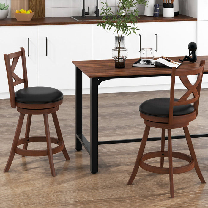 2 Pieces Classic Counter Height Swivel Bar Stool Set with X-shaped Open Back