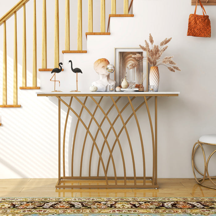 48 Inch Gold Console Table with White Faux Marble Tabletop