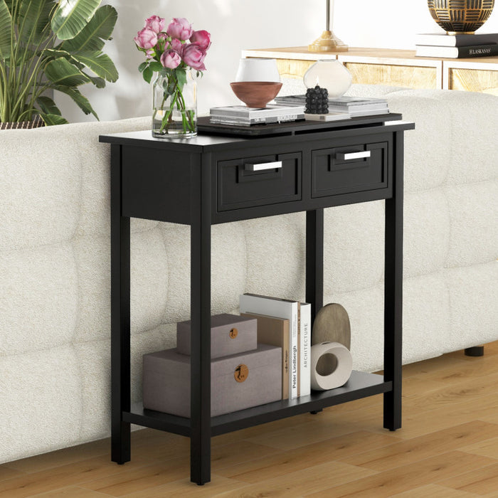 Narrow Console Table with Drawers and Open Storage Shelf