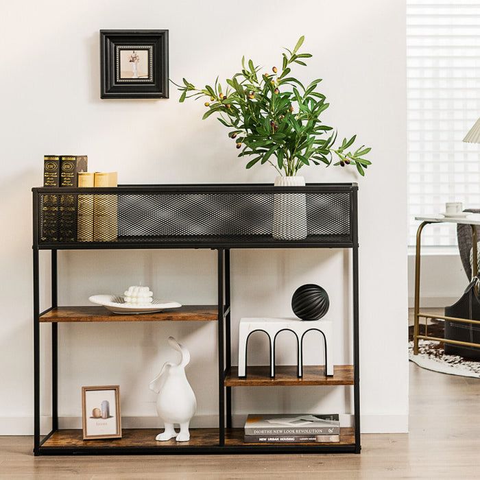 4-Tier Industrial Console Table with Wire Basket and shelf