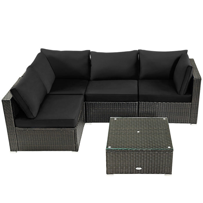 5 Pieces Cushioned Patio Rattan Furniture Set with Glass Table