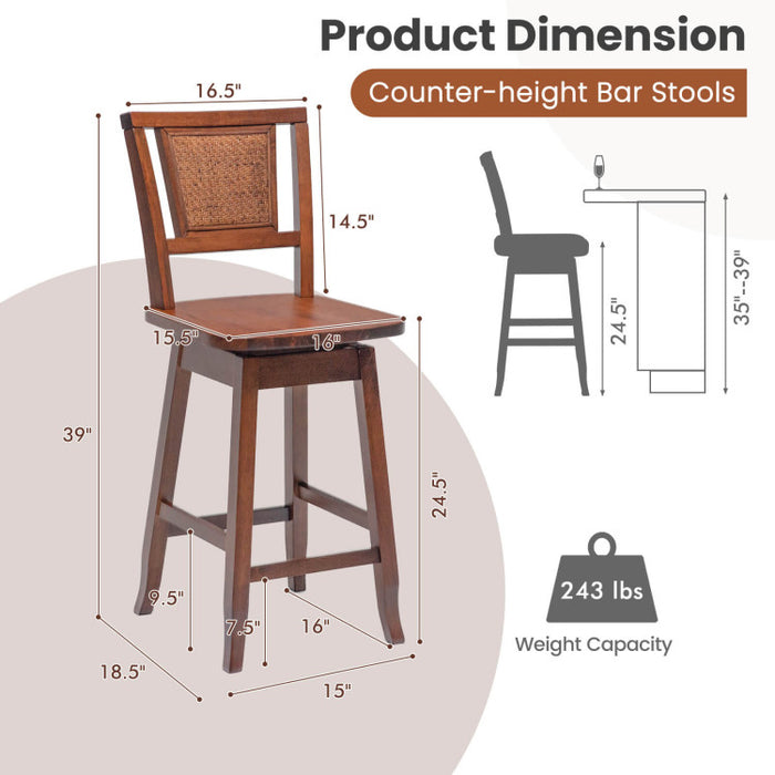 2 Pieces 24.5 Inch Bar Stools with Rattan Back and Swivel Seat