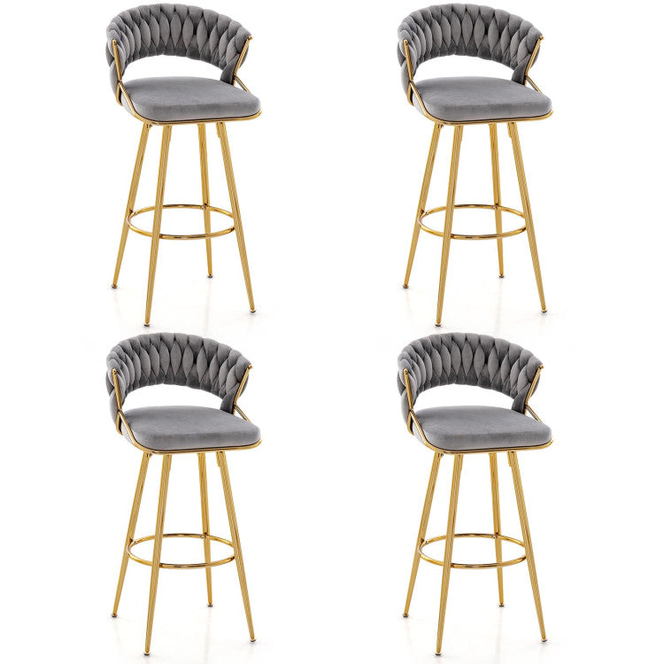 29 Inch Velvet Bar Stool Set of 2 with Woven Backrest and Gold Metal Legs