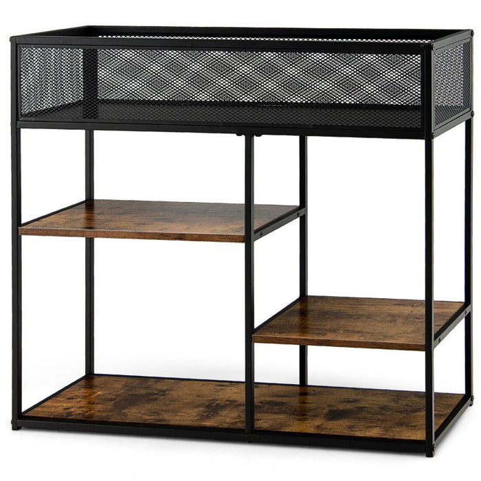 4-Tier Industrial Console Table with Wire Basket and shelf