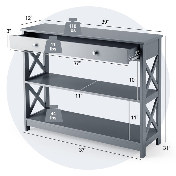 Console Table 3-Tier with Drawer and Storage Shelves