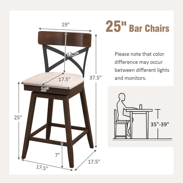 Set of 2 Wooden Swivel Bar Stools with Cushioned Seat and Open X Back