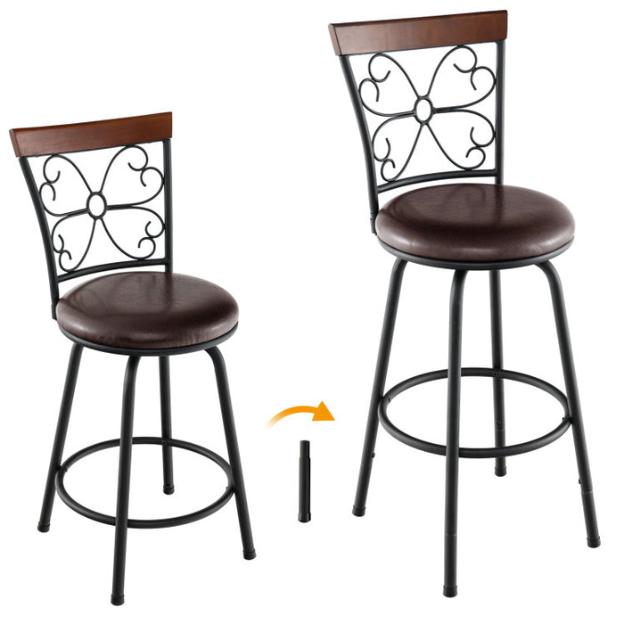 2 Pieces 24-30 Inch Adjustable PU Cushioned Swivel Barstools