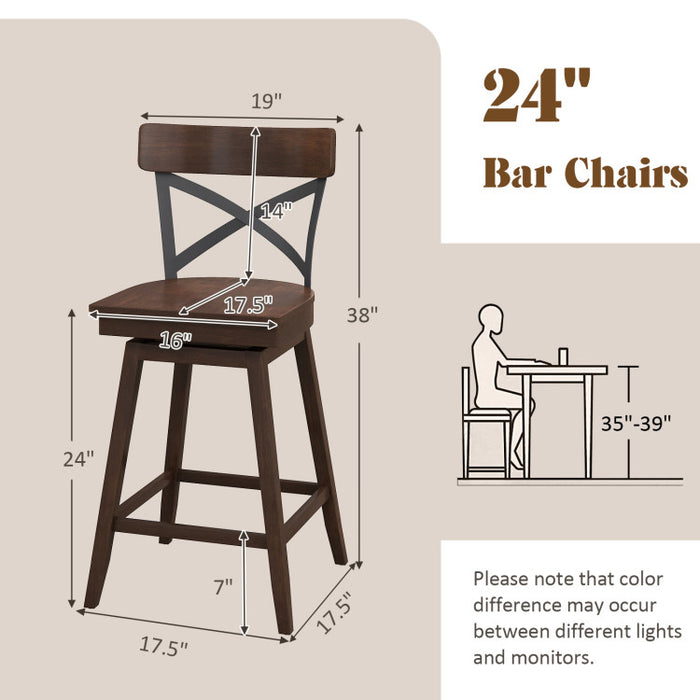 Set of 2 Wooden Swivel Bar Stools with Open X Back and Footrest