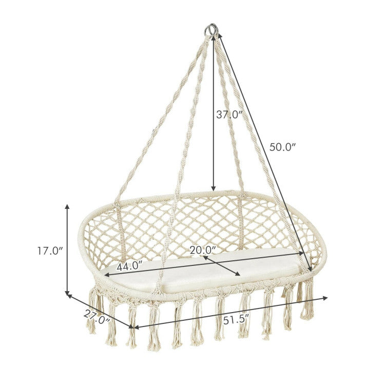 2 Person Hanging Hammock Chair with Cushion Macrame Swing